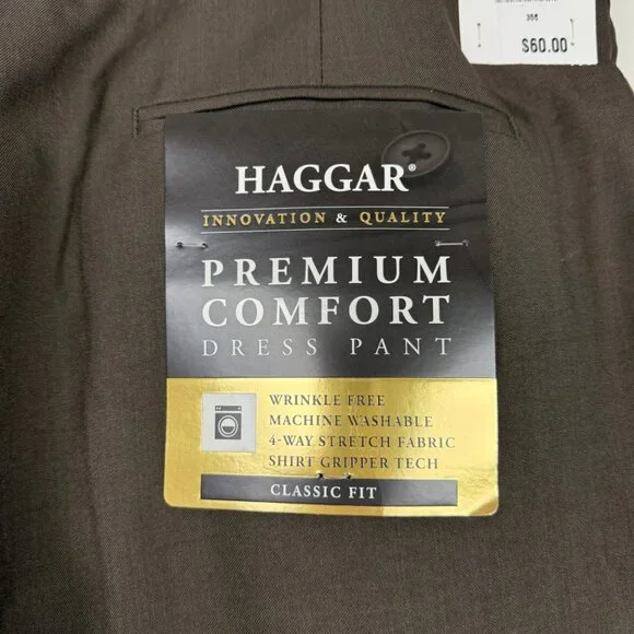 NWT Haggar Brown 38W X 29L Plain Front Comfort Waist Band Trouser Pant